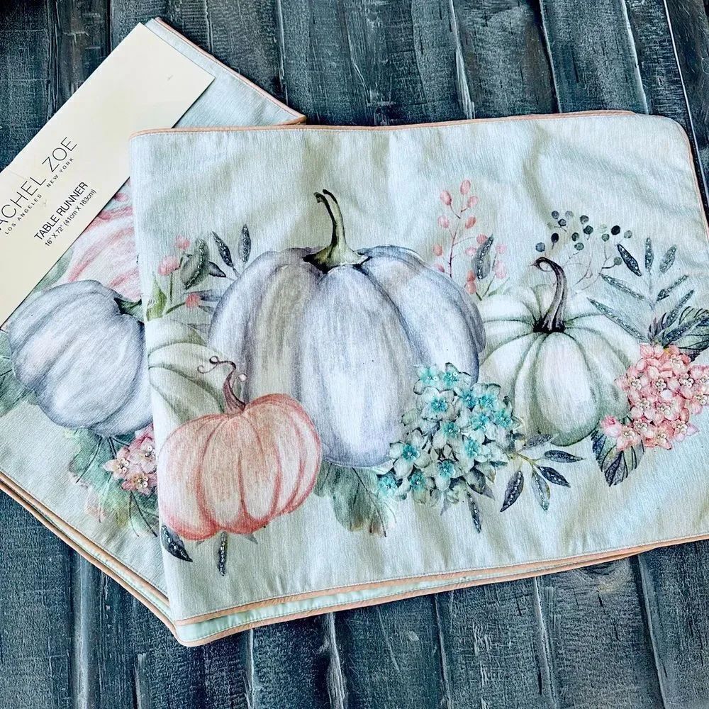 Elegant Fall Luxury Beaded Glam Pink Blue Pumpkins Table Runner